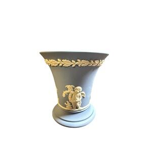 Wedgwood Blue Jasperware Small Trumpet Vase Cherub Neoclassical Made in England